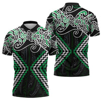 Green Aotearoa Tukutuku Manawa Tapu Zipper Polo Shirt Ta Moko Toi Maori LT9 - Polynesian Pride