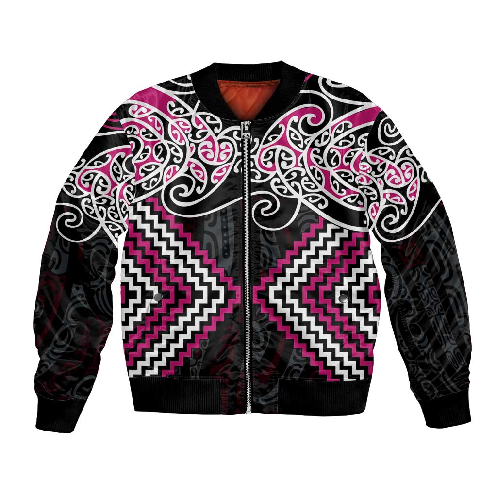 Pink Aotearoa Tukutuku Manawa Tapu Bomber Jacket Ta Moko Toi Maori LT9 Unisex Pink - Polynesian Pride