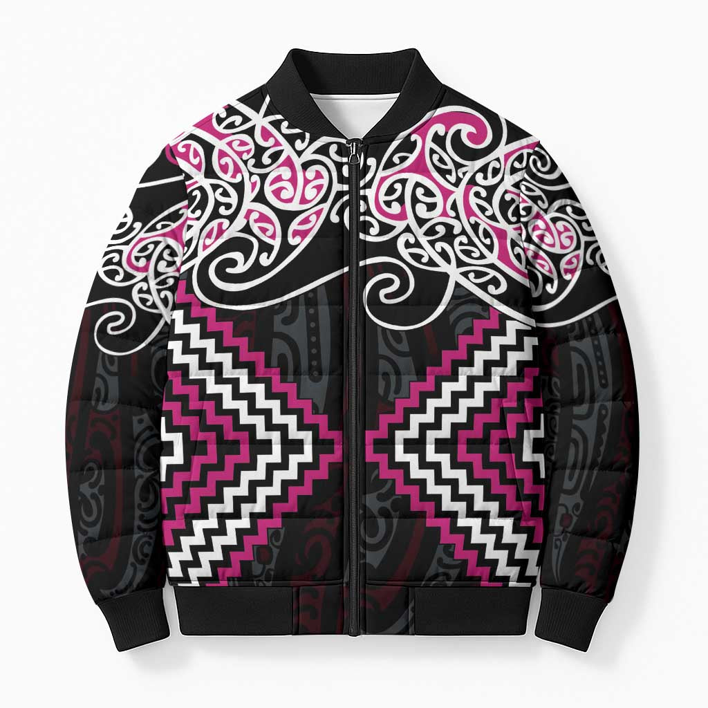 Pink Aotearoa Tukutuku Manawa Tapu Bomber Puffer Jacket Ta Moko Toi Maori LT9 Unisex Pink - Polynesian Pride