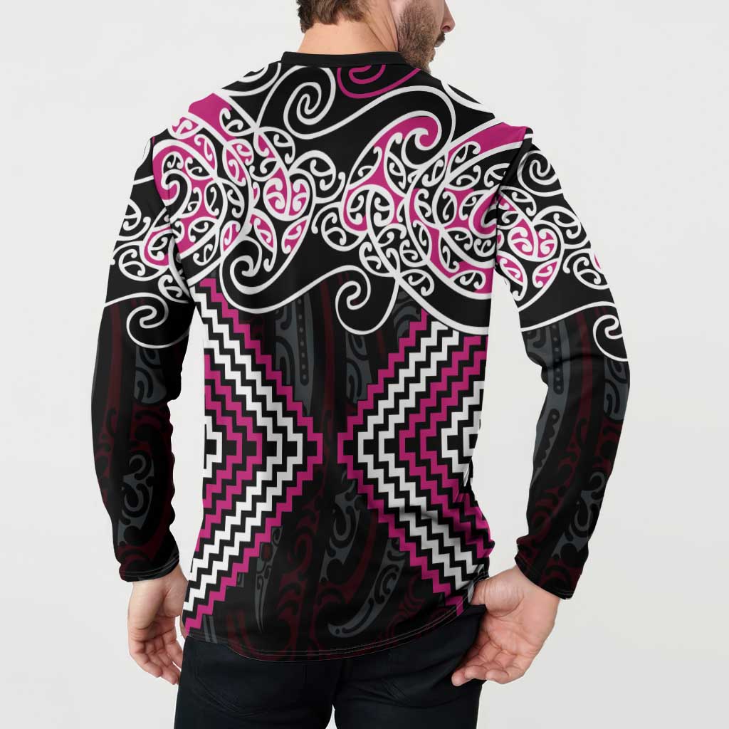 Pink Aotearoa Tukutuku Manawa Tapu Button Sweatshirt Ta Moko Toi Maori