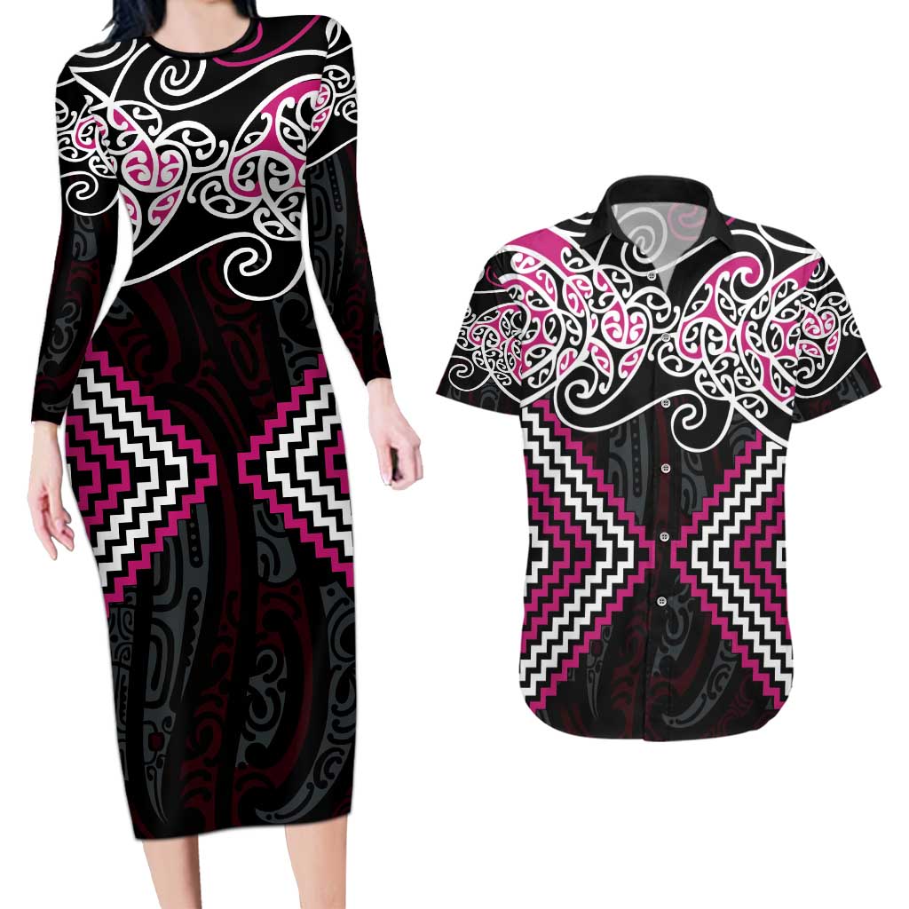 Pink Aotearoa Tukutuku Manawa Tapu Couples Matching Long Sleeve Bodycon Dress and Hawaiian Shirt Ta Moko Toi Maori LT9 Pink - Polynesian Pride