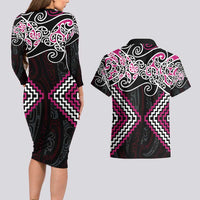 Pink Aotearoa Tukutuku Manawa Tapu Couples Matching Long Sleeve Bodycon Dress and Hawaiian Shirt Ta Moko Toi Maori LT9 - Polynesian Pride