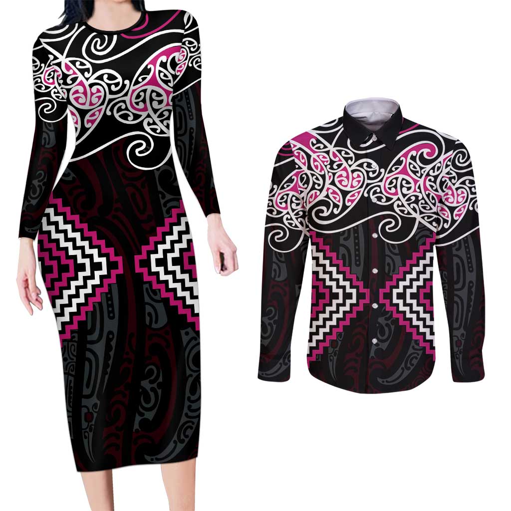 Pink Aotearoa Tukutuku Manawa Tapu Couples Matching Long Sleeve Bodycon Dress and Long Sleeve Button Shirt Ta Moko Toi Maori LT9 Pink - Polynesian Pride