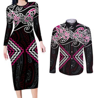 Pink Aotearoa Tukutuku Manawa Tapu Couples Matching Long Sleeve Bodycon Dress and Long Sleeve Button Shirt Ta Moko Toi Maori LT9 Pink - Polynesian Pride