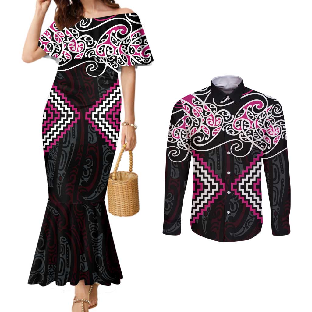 Pink Aotearoa Tukutuku Manawa Tapu Couples Matching Mermaid Dress and Long Sleeve Button Shirt Ta Moko Toi Maori LT9 Pink - Polynesian Pride