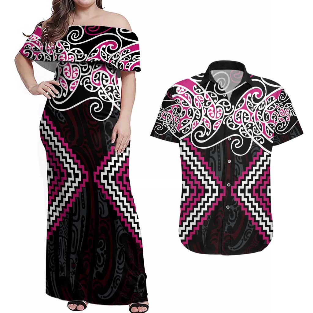 Pink Aotearoa Tukutuku Manawa Tapu Couples Matching Off Shoulder Maxi Dress and Hawaiian Shirt Ta Moko Toi Maori LT9 Pink - Polynesian Pride