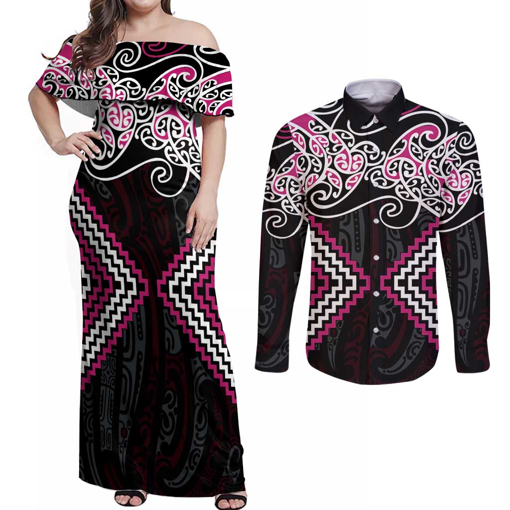 Pink Aotearoa Tukutuku Manawa Tapu Couples Matching Off Shoulder Maxi Dress and Long Sleeve Button Shirt Ta Moko Toi Maori LT9 Pink - Polynesian Pride