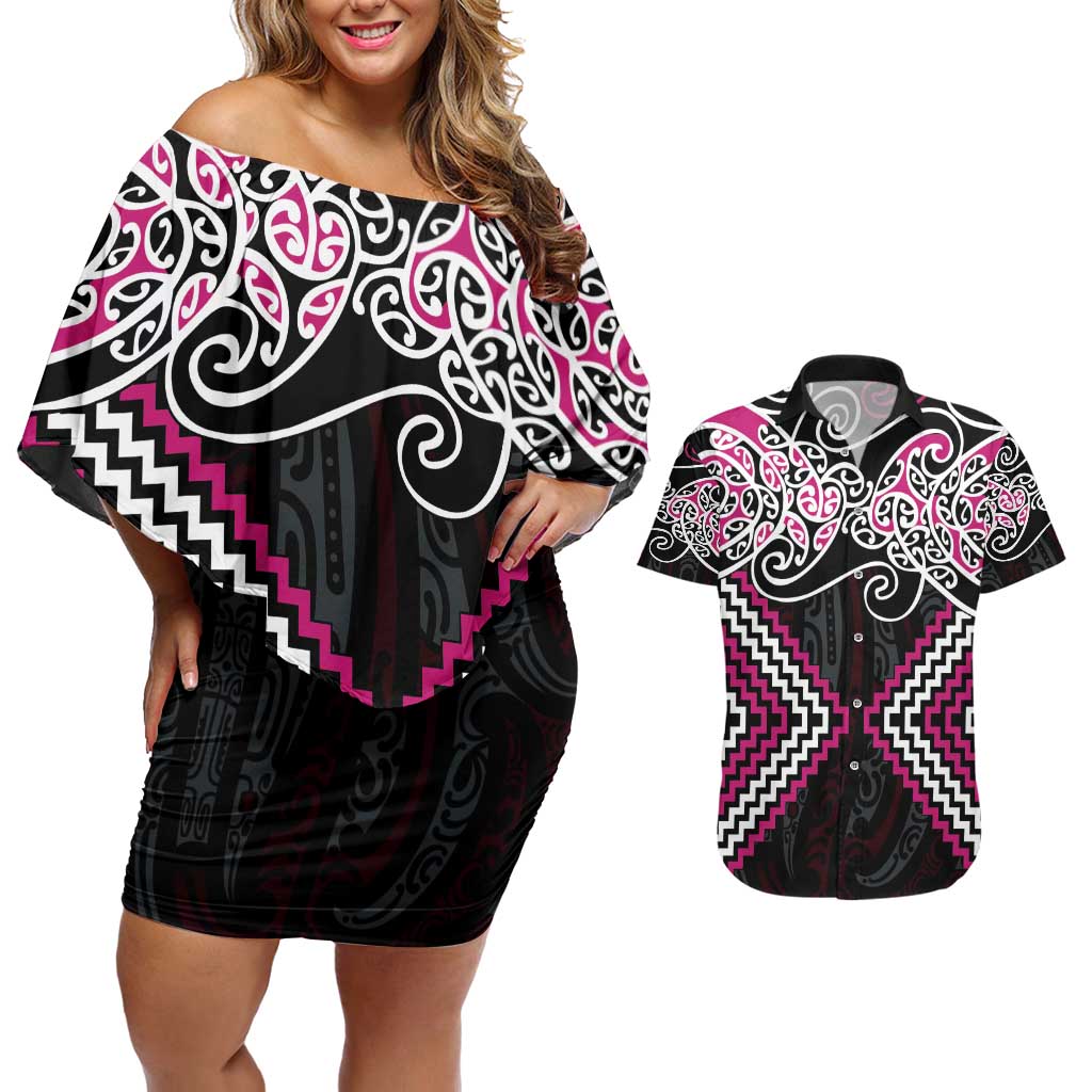 Pink Aotearoa Tukutuku Manawa Tapu Couples Matching Off Shoulder Short Dress and Hawaiian Shirt Ta Moko Toi Maori LT9 Pink - Polynesian Pride