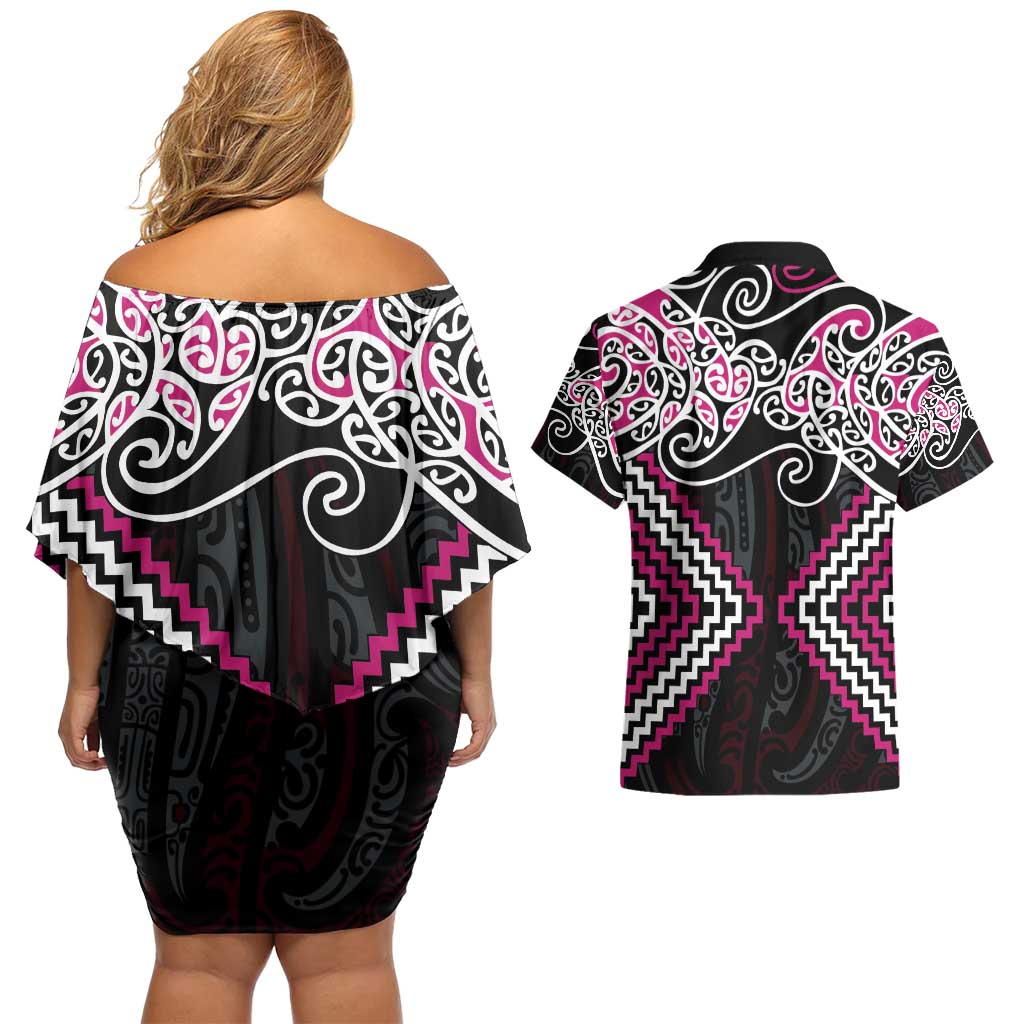 Pink Aotearoa Tukutuku Manawa Tapu Couples Matching Off Shoulder Short Dress and Hawaiian Shirt Ta Moko Toi Maori LT9 - Polynesian Pride