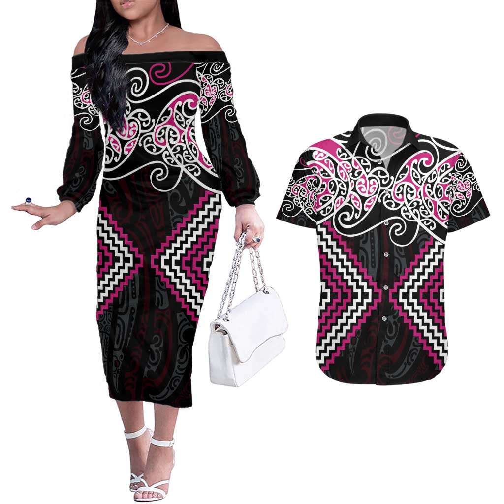 Pink Aotearoa Tukutuku Manawa Tapu Couples Matching Off The Shoulder Long Sleeve Dress and Hawaiian Shirt Ta Moko Toi Maori LT9 Pink - Polynesian Pride