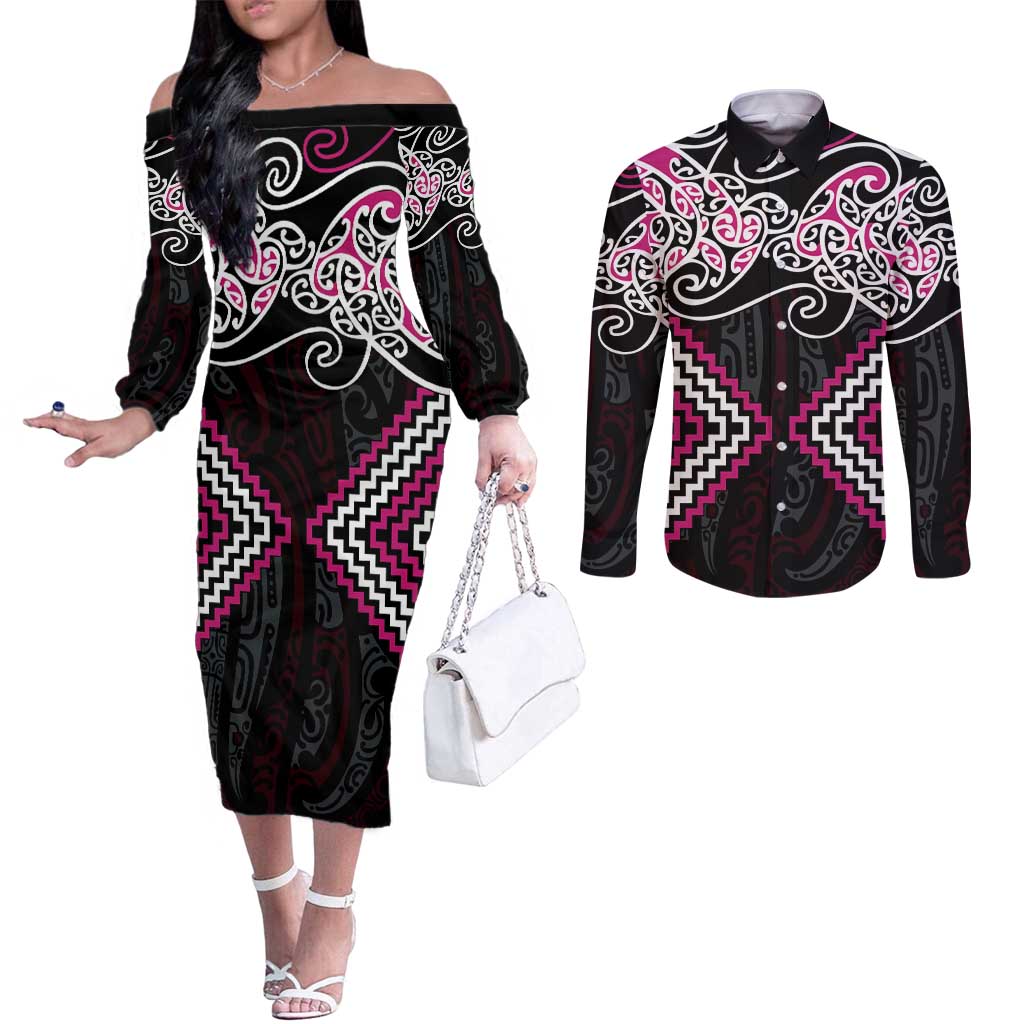 Pink Aotearoa Tukutuku Manawa Tapu Couples Matching Off The Shoulder Long Sleeve Dress and Long Sleeve Button Shirt Ta Moko Toi Maori LT9 Pink - Polynesian Pride