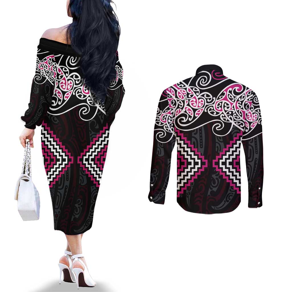 Pink Aotearoa Tukutuku Manawa Tapu Couples Matching Off The Shoulder Long Sleeve Dress and Long Sleeve Button Shirt Ta Moko Toi Maori LT9 - Polynesian Pride