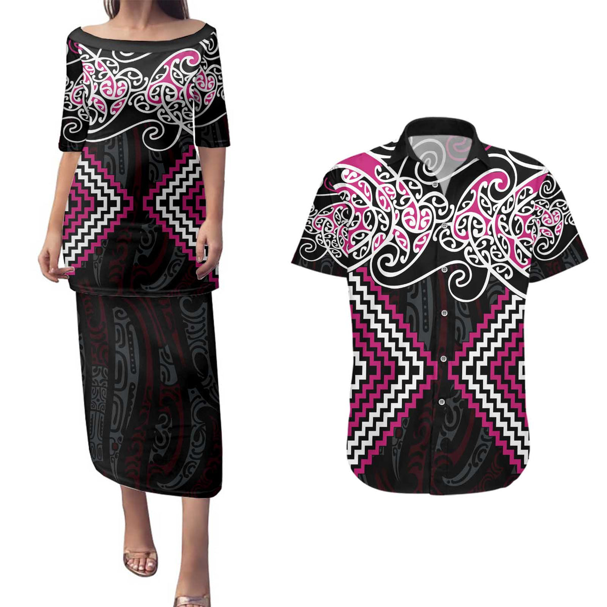Pink Aotearoa Tukutuku Manawa Tapu Couples Matching Puletasi and Hawaiian Shirt Ta Moko Toi Maori LT9 Pink - Polynesian Pride