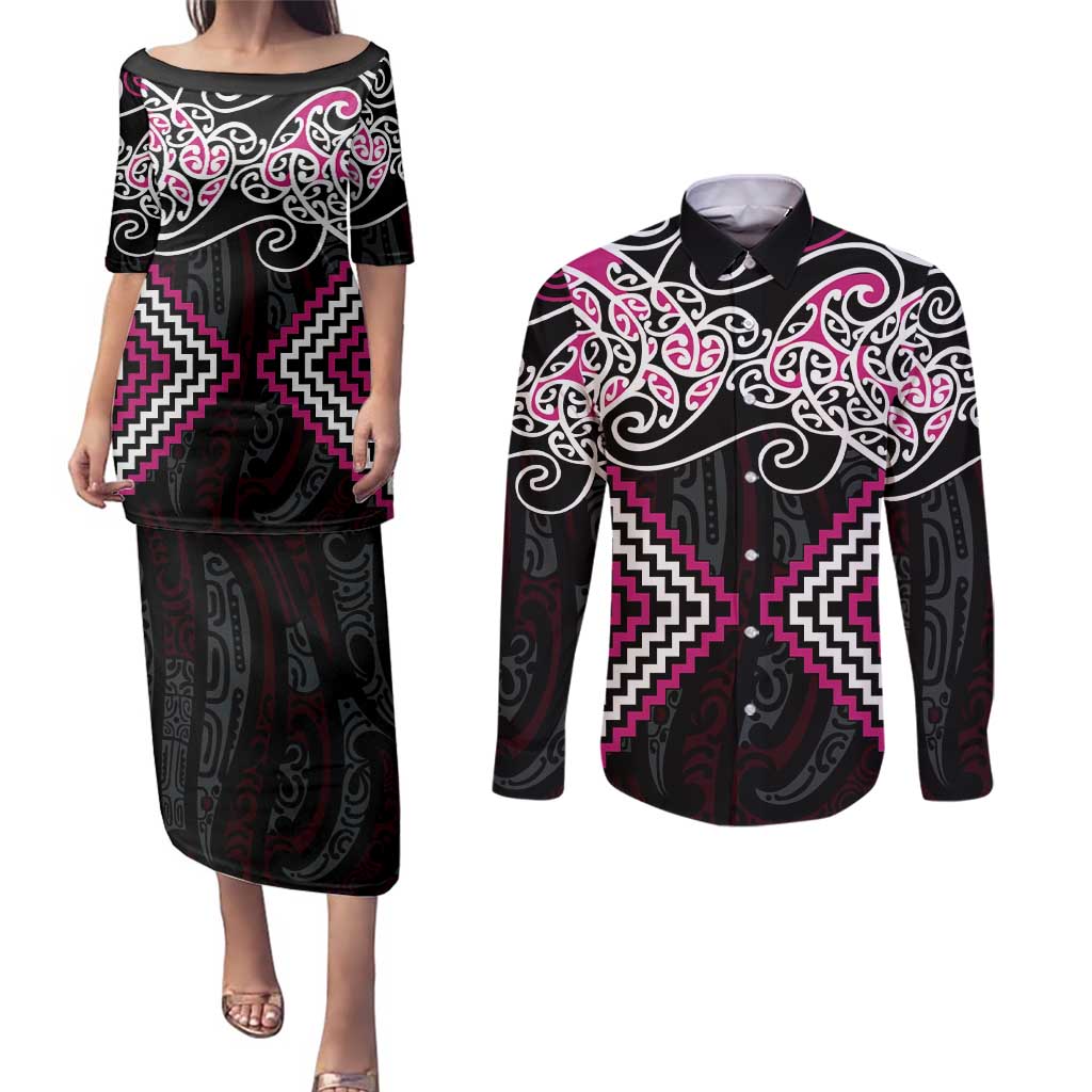 Pink Aotearoa Tukutuku Manawa Tapu Couples Matching Puletasi and Long Sleeve Button Shirt Ta Moko Toi Maori LT9 Pink - Polynesian Pride