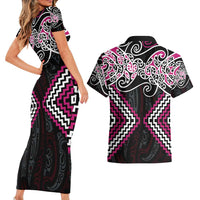 Pink Aotearoa Tukutuku Manawa Tapu Couples Matching Short Sleeve Bodycon Dress and Hawaiian Shirt Ta Moko Toi Maori LT9 - Polynesian Pride
