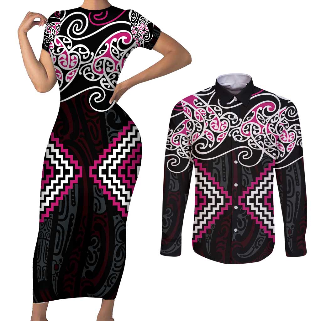 Pink Aotearoa Tukutuku Manawa Tapu Couples Matching Short Sleeve Bodycon Dress and Long Sleeve Button Shirt Ta Moko Toi Maori LT9 Pink - Polynesian Pride