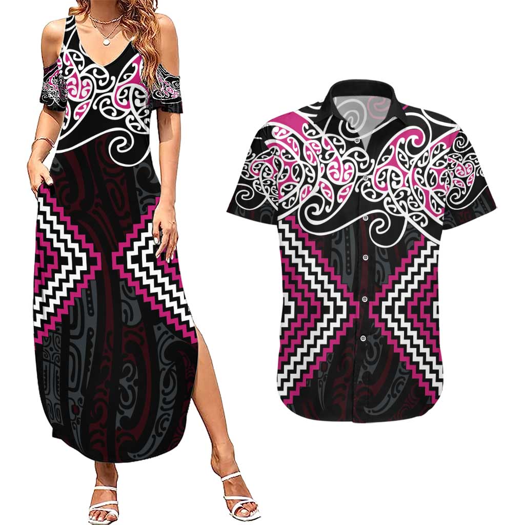 Pink Aotearoa Tukutuku Manawa Tapu Couples Matching Summer Maxi Dress and Hawaiian Shirt Ta Moko Toi Maori LT9 Pink - Polynesian Pride