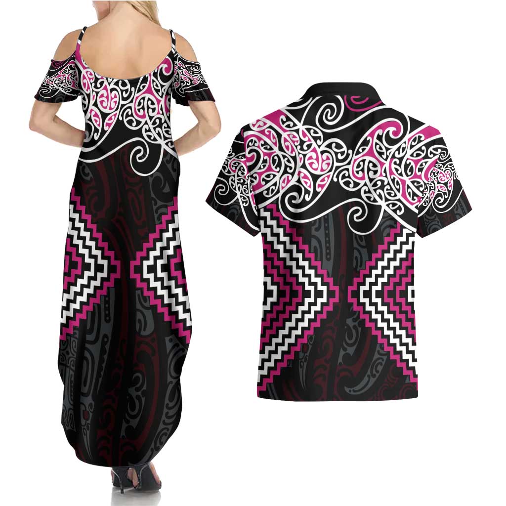 Pink Aotearoa Tukutuku Manawa Tapu Couples Matching Summer Maxi Dress and Hawaiian Shirt Ta Moko Toi Maori LT9 - Polynesian Pride