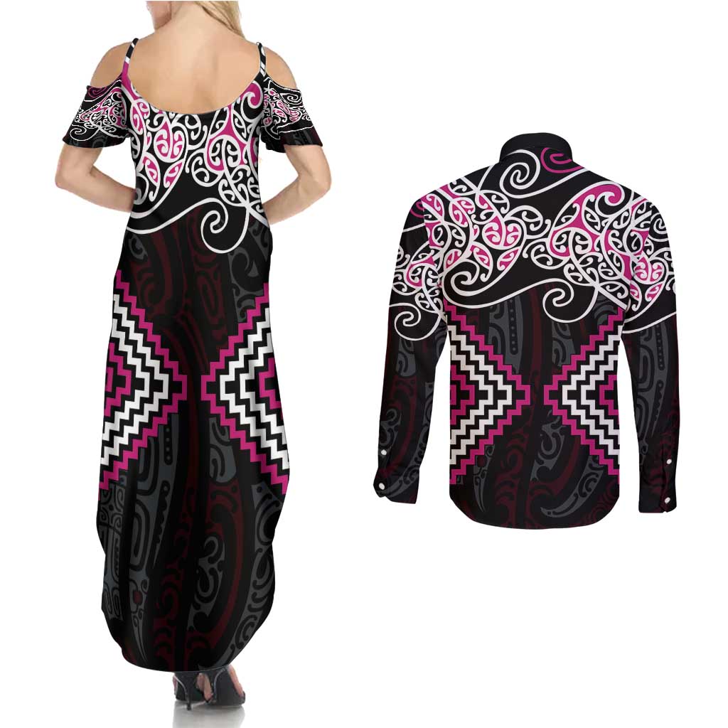 Pink Aotearoa Tukutuku Manawa Tapu Couples Matching Summer Maxi Dress and Long Sleeve Button Shirt Ta Moko Toi Maori LT9 - Polynesian Pride