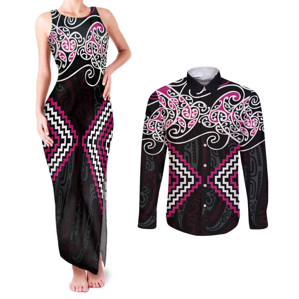 Pink Aotearoa Tukutuku Manawa Tapu Couples Matching Tank Maxi Dress and Long Sleeve Button Shirt Ta Moko Toi Maori LT9 Pink - Polynesian Pride