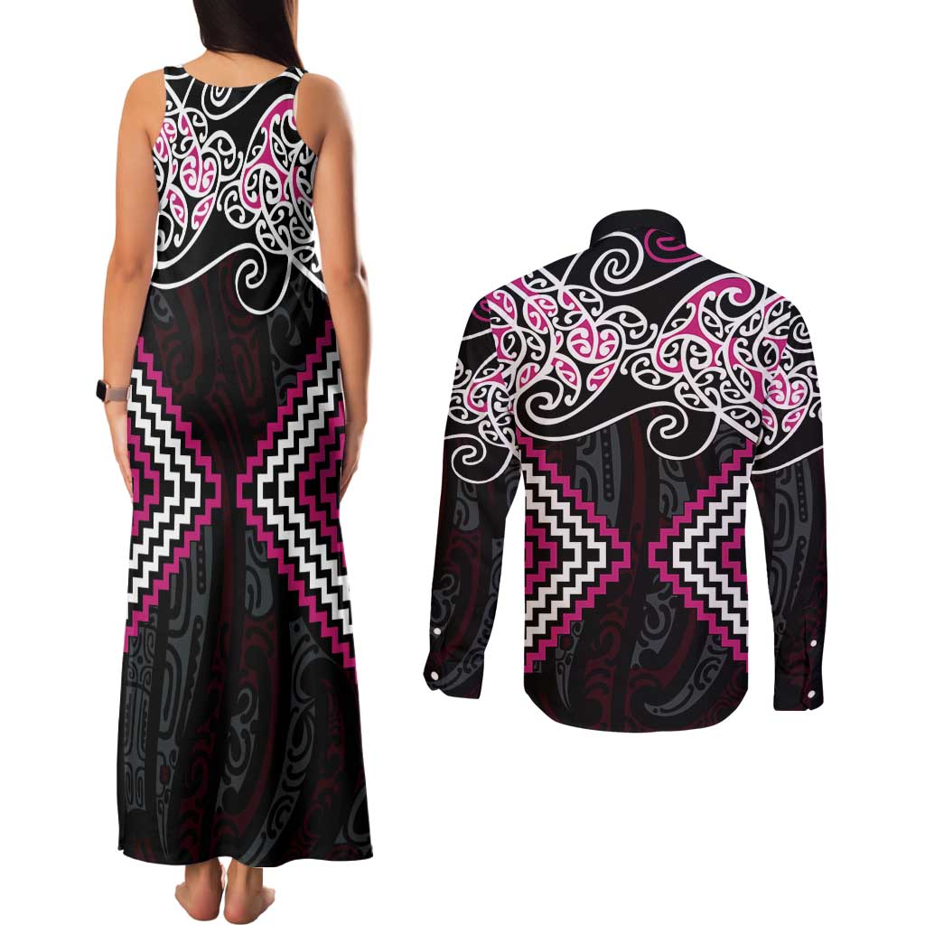 Pink Aotearoa Tukutuku Manawa Tapu Couples Matching Tank Maxi Dress and Long Sleeve Button Shirt Ta Moko Toi Maori LT9 - Polynesian Pride
