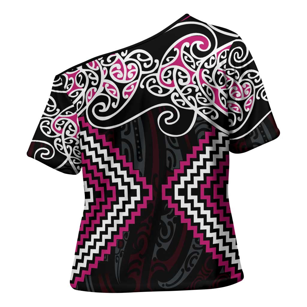 Pink Aotearoa Tukutuku Manawa Tapu Cross Shoulder Shirt Ta Moko Toi Maori LT9 - Polynesian Pride