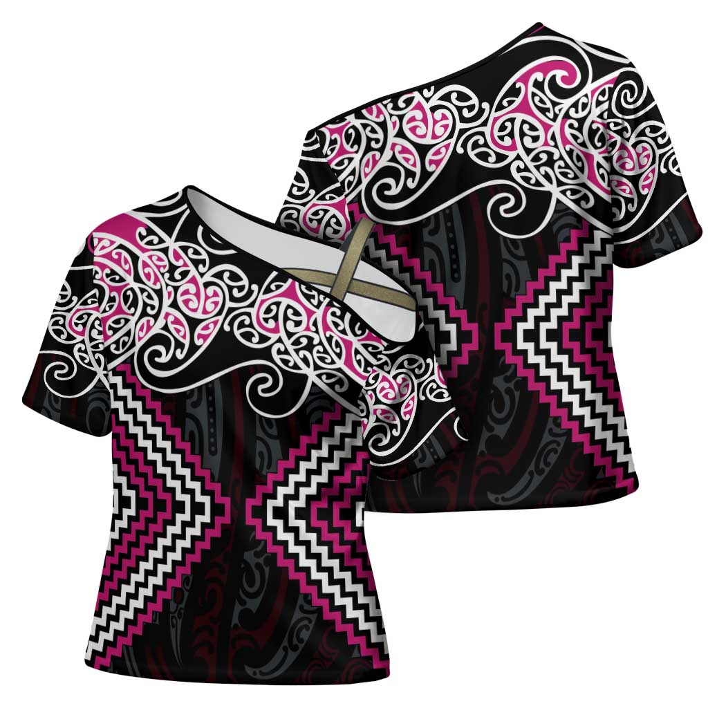 Pink Aotearoa Tukutuku Manawa Tapu Cross Shoulder Shirt Ta Moko Toi Maori LT9 - Polynesian Pride