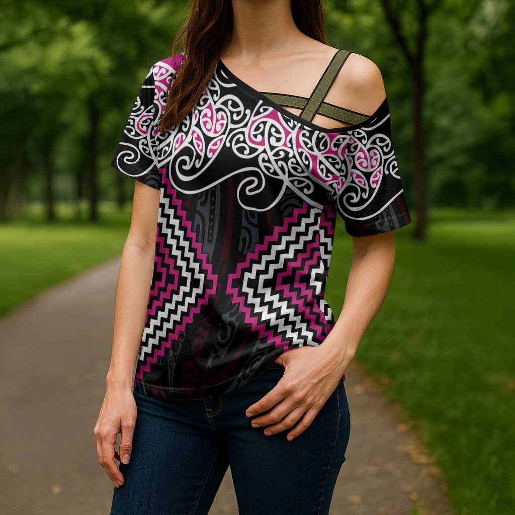 Pink Aotearoa Tukutuku Manawa Tapu Cross Shoulder Shirt Ta Moko Toi Maori LT9 - Polynesian Pride