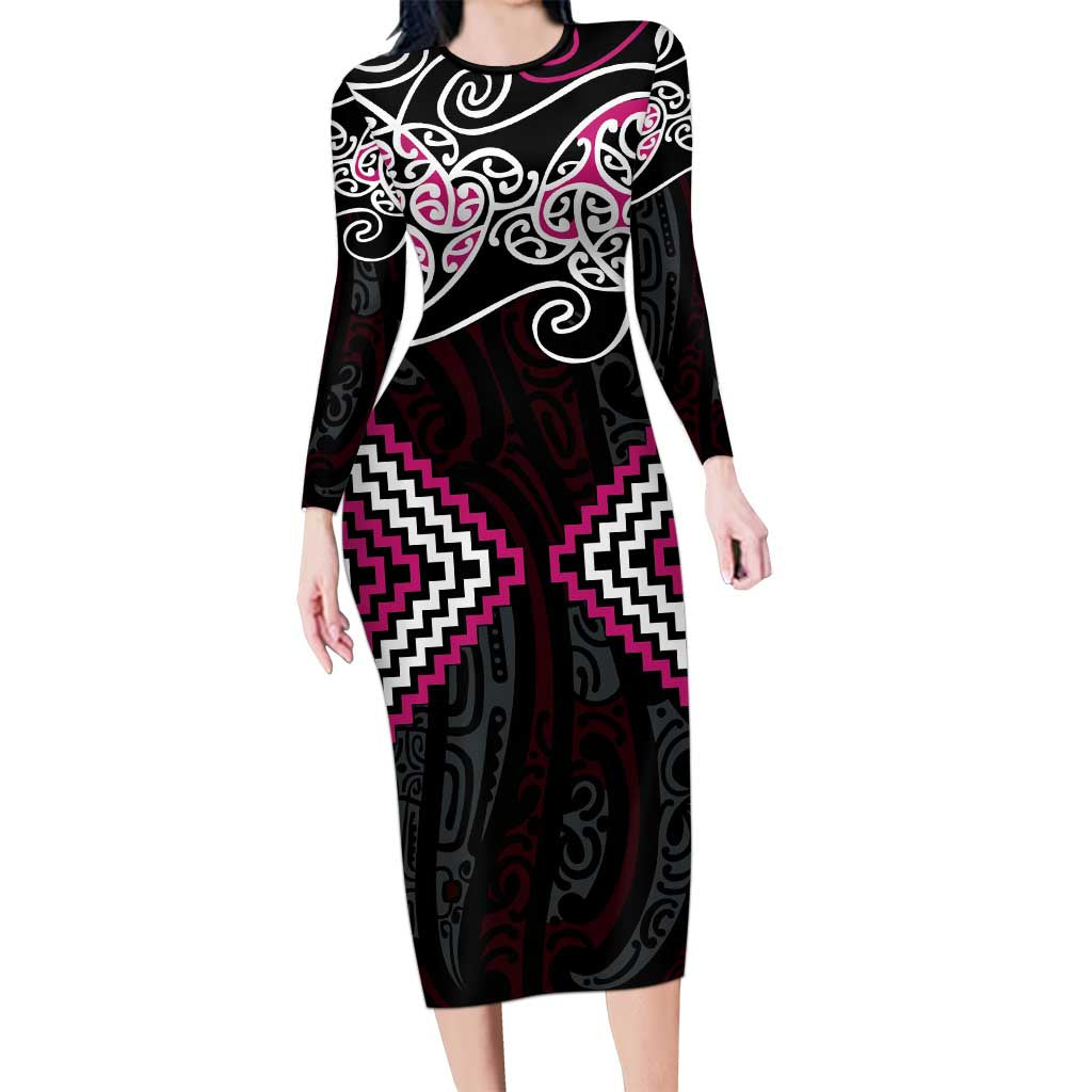 Pink Aotearoa Tukutuku Manawa Tapu Family Matching Long Sleeve Bodycon Dress and Hawaiian Shirt Ta Moko Toi Maori LT9 Mom's Dress Pink - Polynesian Pride