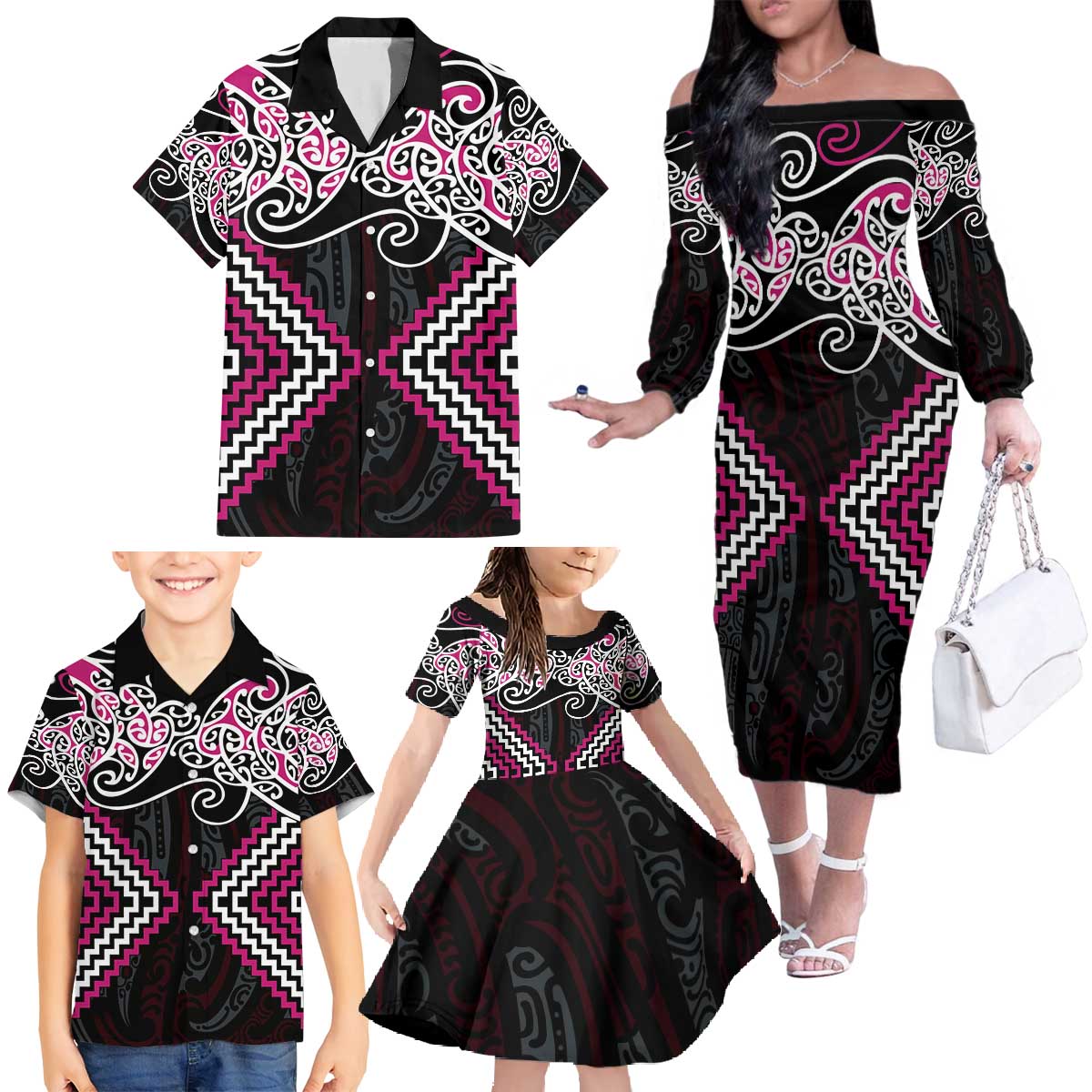 Pink Aotearoa Tukutuku Manawa Tapu Family Matching Off The Shoulder Long Sleeve Dress and Hawaiian Shirt Ta Moko Toi Maori LT9 - Polynesian Pride