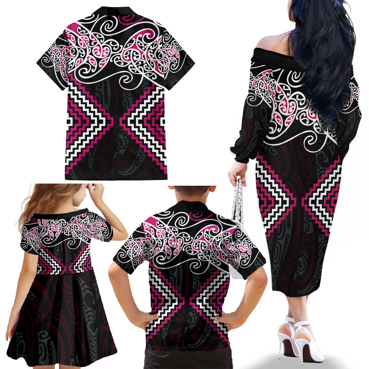 Pink Aotearoa Tukutuku Manawa Tapu Family Matching Off The Shoulder Long Sleeve Dress and Hawaiian Shirt Ta Moko Toi Maori LT9 - Polynesian Pride