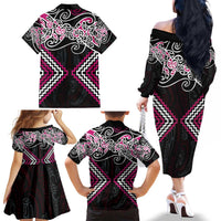 Pink Aotearoa Tukutuku Manawa Tapu Family Matching Off The Shoulder Long Sleeve Dress and Hawaiian Shirt Ta Moko Toi Maori LT9 - Polynesian Pride