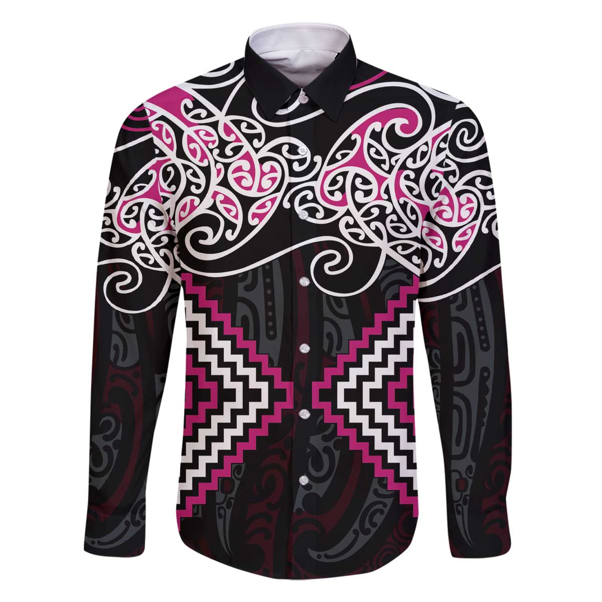 Pink Aotearoa Tukutuku Manawa Tapu Family Matching Off The Shoulder Long Sleeve Dress and Hawaiian Shirt Ta Moko Toi Maori LT9 Dad's Shirt - Long Sleeve Pink - Polynesian Pride