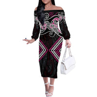 Pink Aotearoa Tukutuku Manawa Tapu Family Matching Off The Shoulder Long Sleeve Dress and Hawaiian Shirt Ta Moko Toi Maori LT9 Mom's Dress Pink - Polynesian Pride