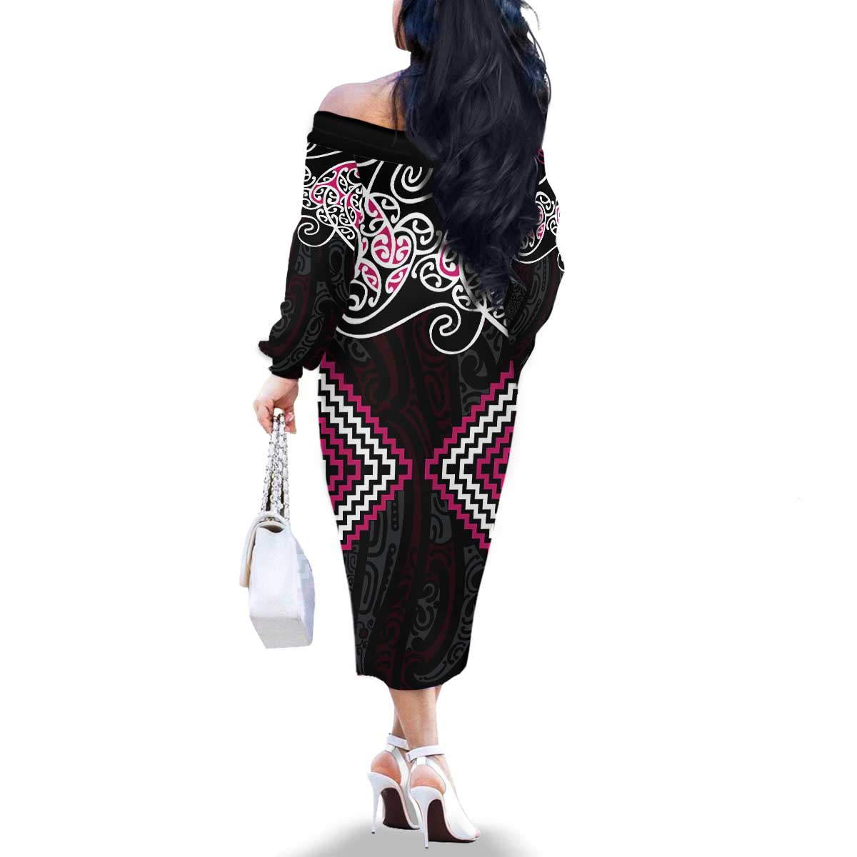 Pink Aotearoa Tukutuku Manawa Tapu Family Matching Off The Shoulder Long Sleeve Dress and Hawaiian Shirt Ta Moko Toi Maori LT9 - Polynesian Pride