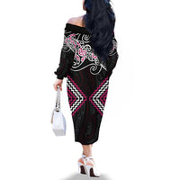 Pink Aotearoa Tukutuku Manawa Tapu Family Matching Off The Shoulder Long Sleeve Dress and Hawaiian Shirt Ta Moko Toi Maori LT9 - Polynesian Pride