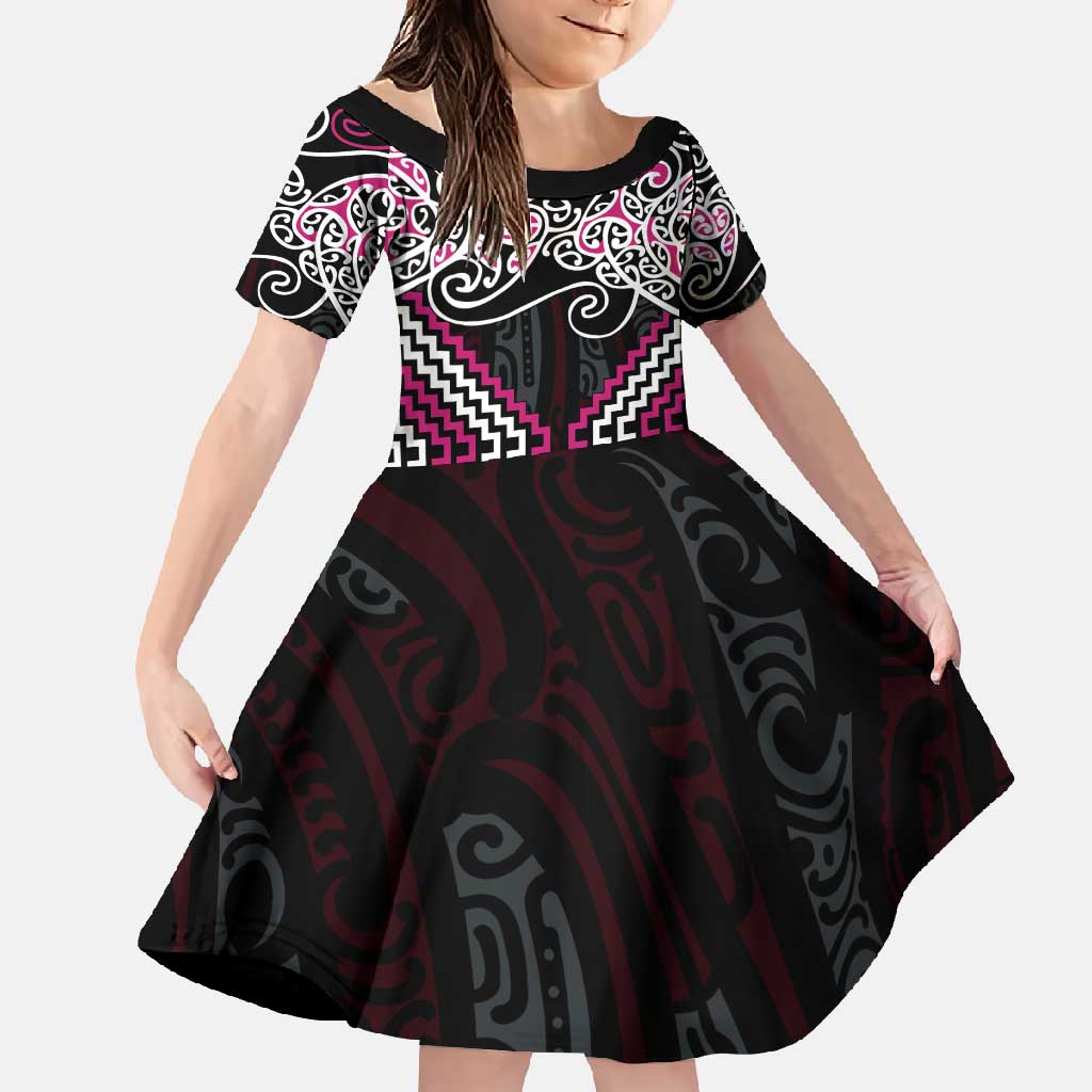 Pink Aotearoa Tukutuku Manawa Tapu Family Matching Off Shoulder Maxi Dress and Hawaiian Shirt Ta Moko Toi Maori LT9 Daughter's Dress Pink - Polynesian Pride