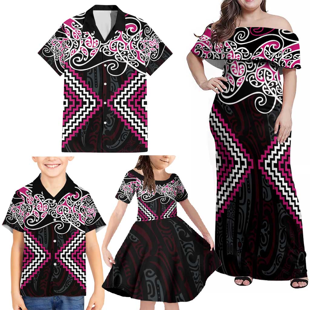 Pink Aotearoa Tukutuku Manawa Tapu Family Matching Off Shoulder Maxi Dress and Hawaiian Shirt Ta Moko Toi Maori LT9 - Polynesian Pride