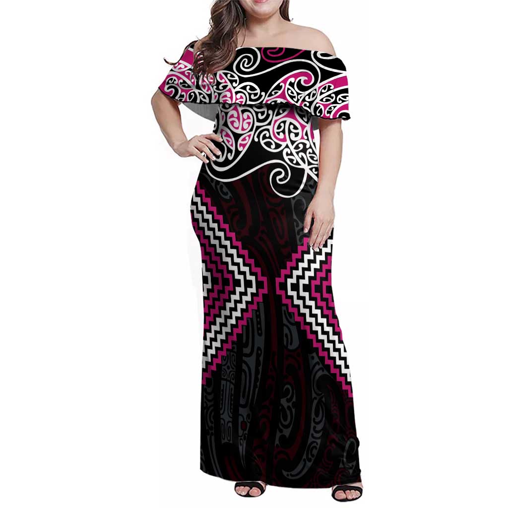 Pink Aotearoa Tukutuku Manawa Tapu Family Matching Off Shoulder Maxi Dress and Hawaiian Shirt Ta Moko Toi Maori LT9 Mom's Dress Pink - Polynesian Pride