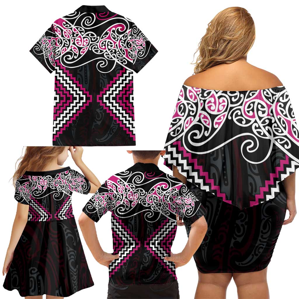 Pink Aotearoa Tukutuku Manawa Tapu Family Matching Off Shoulder Short Dress and Hawaiian Shirt Ta Moko Toi Maori LT9 - Polynesian Pride