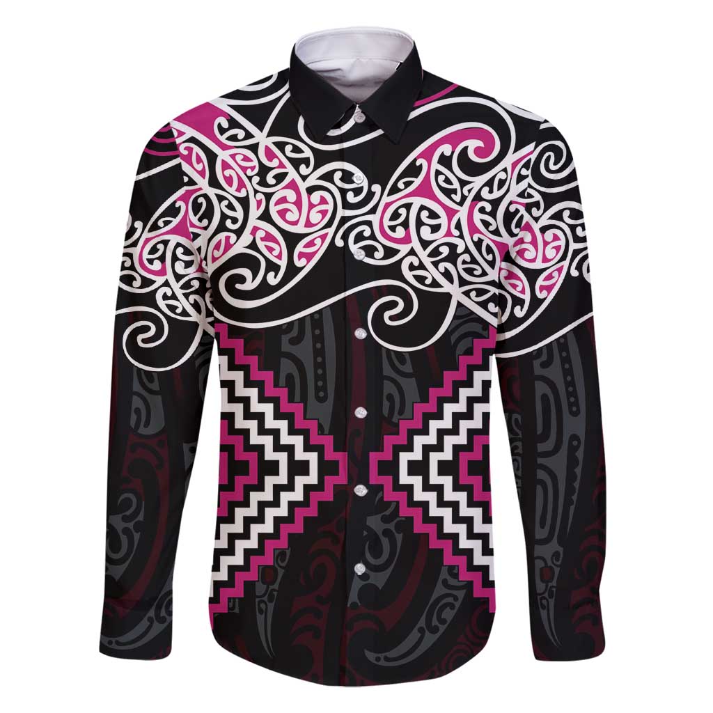 Pink Aotearoa Tukutuku Manawa Tapu Family Matching Off Shoulder Short Dress and Hawaiian Shirt Ta Moko Toi Maori LT9 Dad's Shirt - Long Sleeve Pink - Polynesian Pride