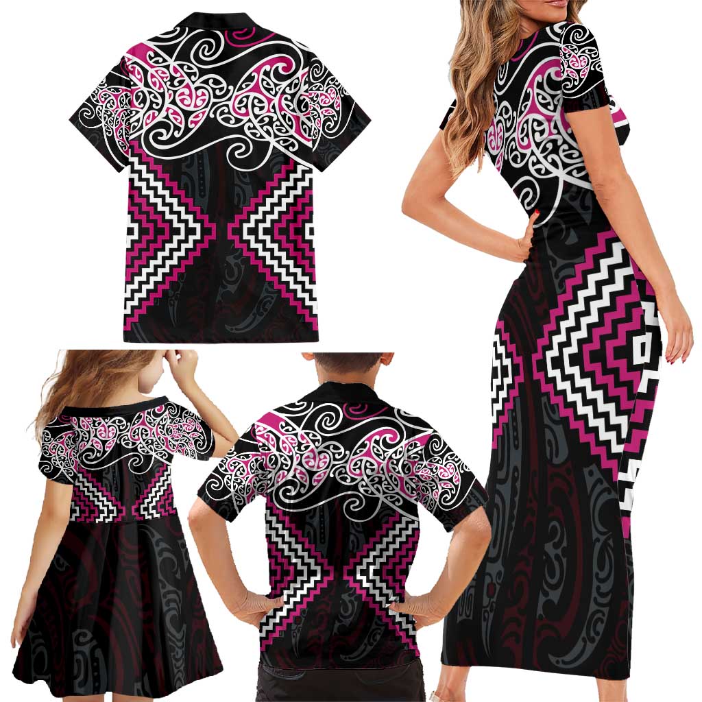 Pink Aotearoa Tukutuku Manawa Tapu Family Matching Short Sleeve Bodycon Dress and Hawaiian Shirt Ta Moko Toi Maori LT9 - Polynesian Pride
