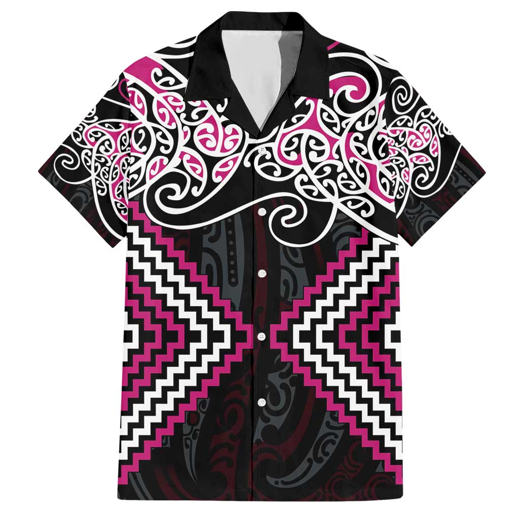 Pink Aotearoa Tukutuku Manawa Tapu Family Matching Short Sleeve Bodycon Dress and Hawaiian Shirt Ta Moko Toi Maori LT9 Dad's Shirt - Short Sleeve Pink - Polynesian Pride