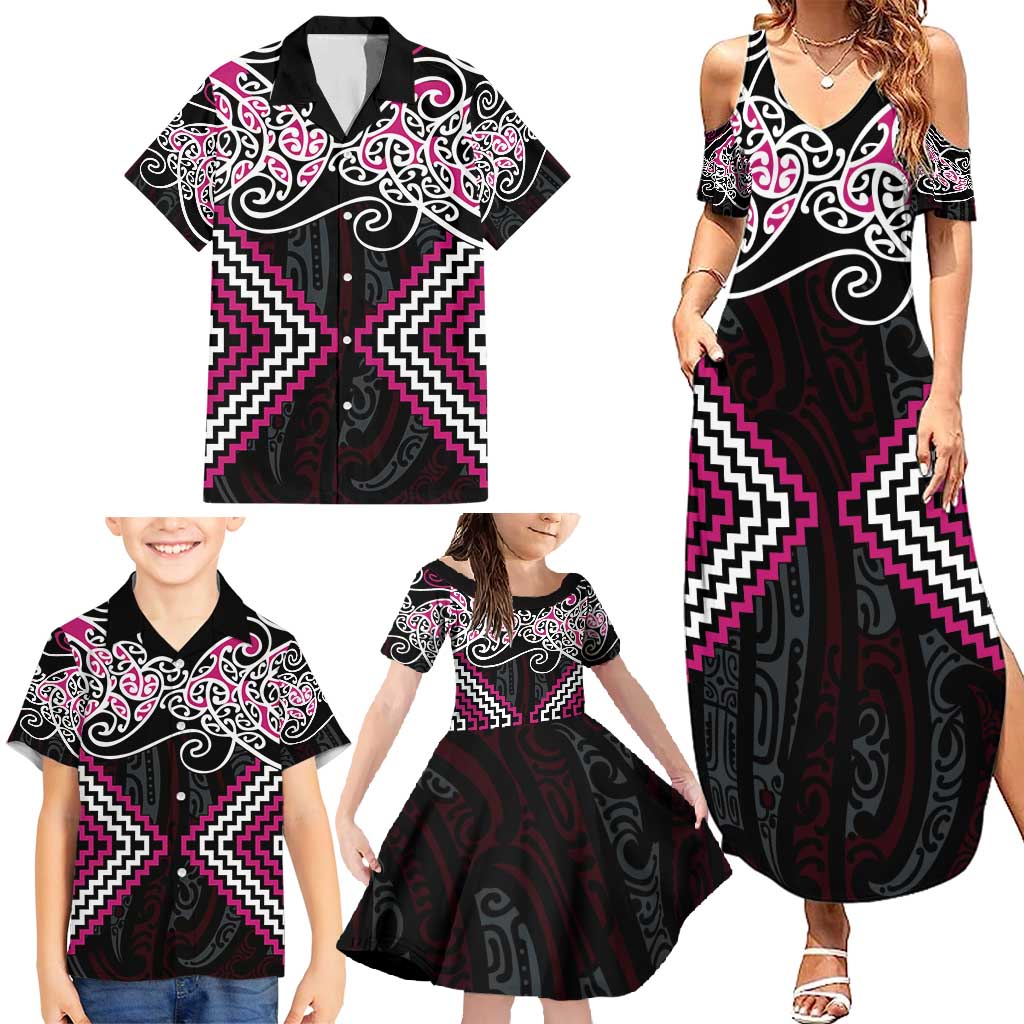 Pink Aotearoa Tukutuku Manawa Tapu Family Matching Summer Maxi Dress and Hawaiian Shirt Ta Moko Toi Maori LT9 - Polynesian Pride