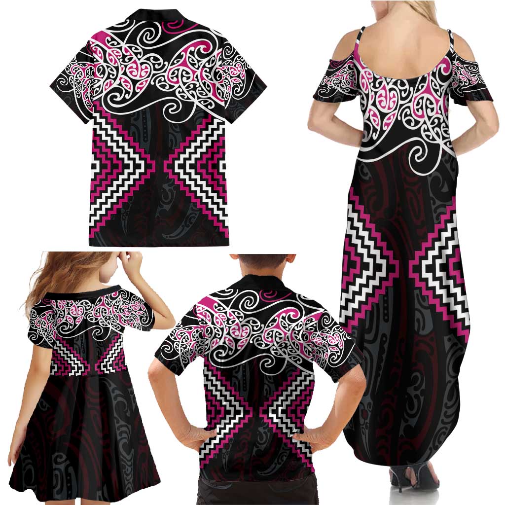 Pink Aotearoa Tukutuku Manawa Tapu Family Matching Summer Maxi Dress and Hawaiian Shirt Ta Moko Toi Maori LT9 - Polynesian Pride