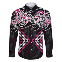 Pink Aotearoa Tukutuku Manawa Tapu Family Matching Tank Maxi Dress and Hawaiian Shirt Ta Moko Toi Maori LT9 Dad's Shirt - Long Sleeve Pink - Polynesian Pride