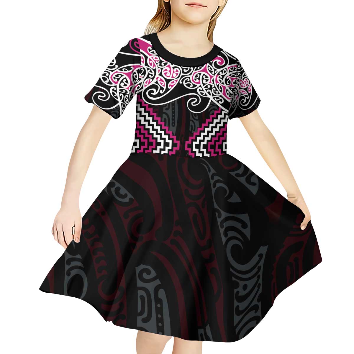Pink Aotearoa Tukutuku Manawa Tapu Kid Short Sleeve Dress Ta Moko Toi Maori LT9 - Polynesian Pride