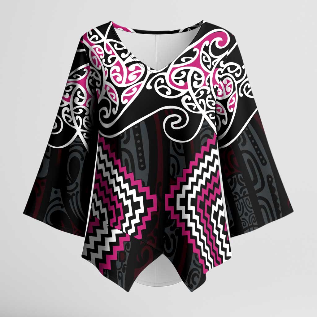 Pink Aotearoa Tukutuku Manawa Tapu Kimono Sleeve Blouse Ta Moko Toi Maori LT9 Female Pink - Polynesian Pride