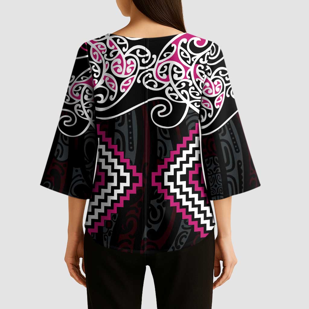 Pink Aotearoa Tukutuku Manawa Tapu Kimono Sleeve Blouse Ta Moko Toi Maori LT9 - Polynesian Pride