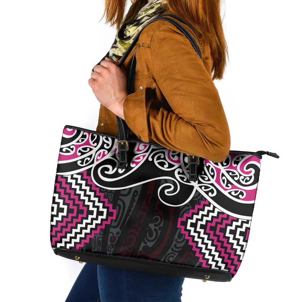 Pink Aotearoa Tukutuku Manawa Tapu Leather Tote Bag Ta Moko Toi Maori LT9 Pink - Polynesian Pride